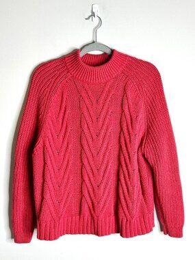 J. Crew Muted Red Cable-Knit Mockneck Sweater Preppy Cabincore Festive Chunky XS